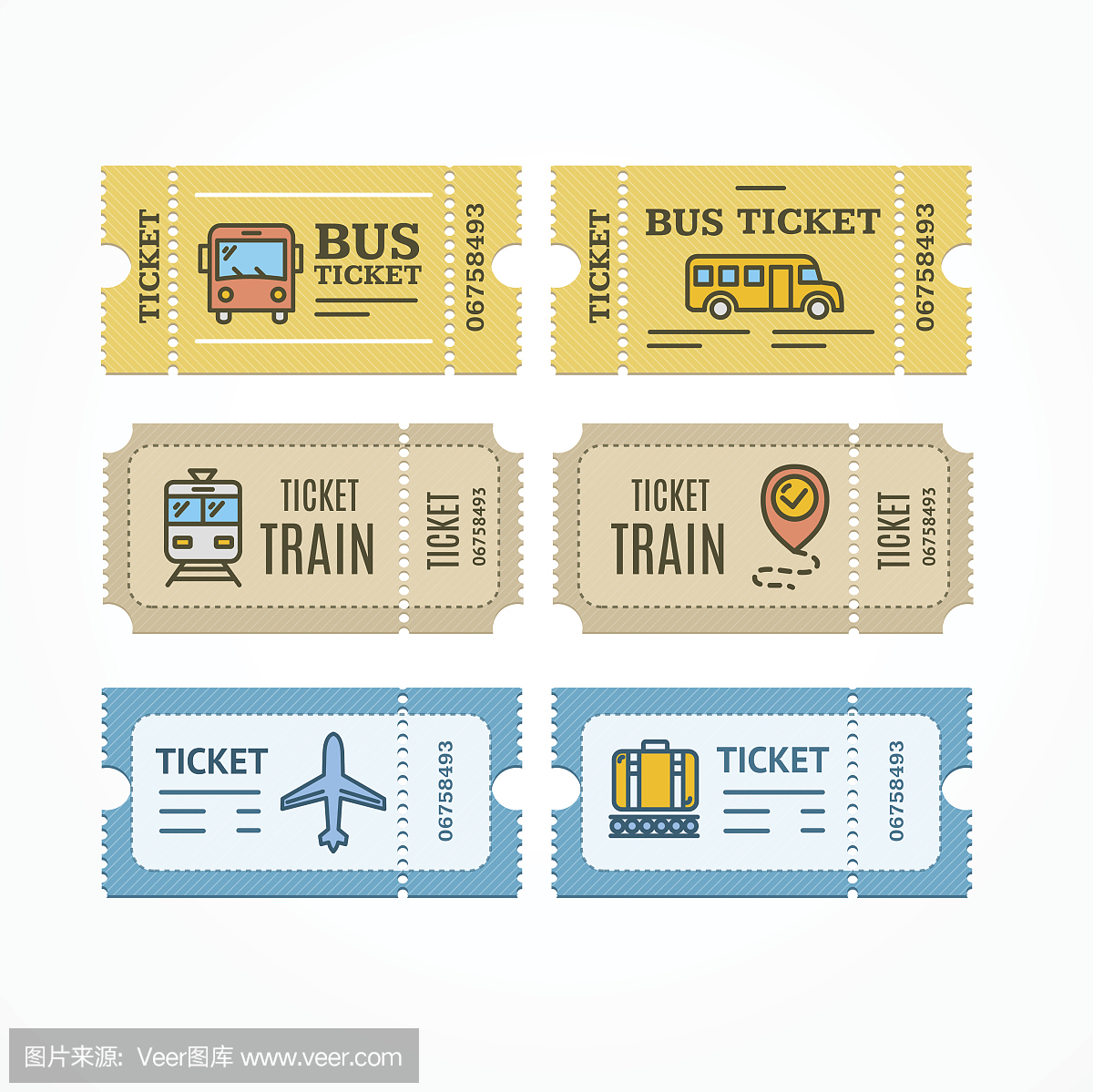 巴士,火车,机票,平坦的图标。向量